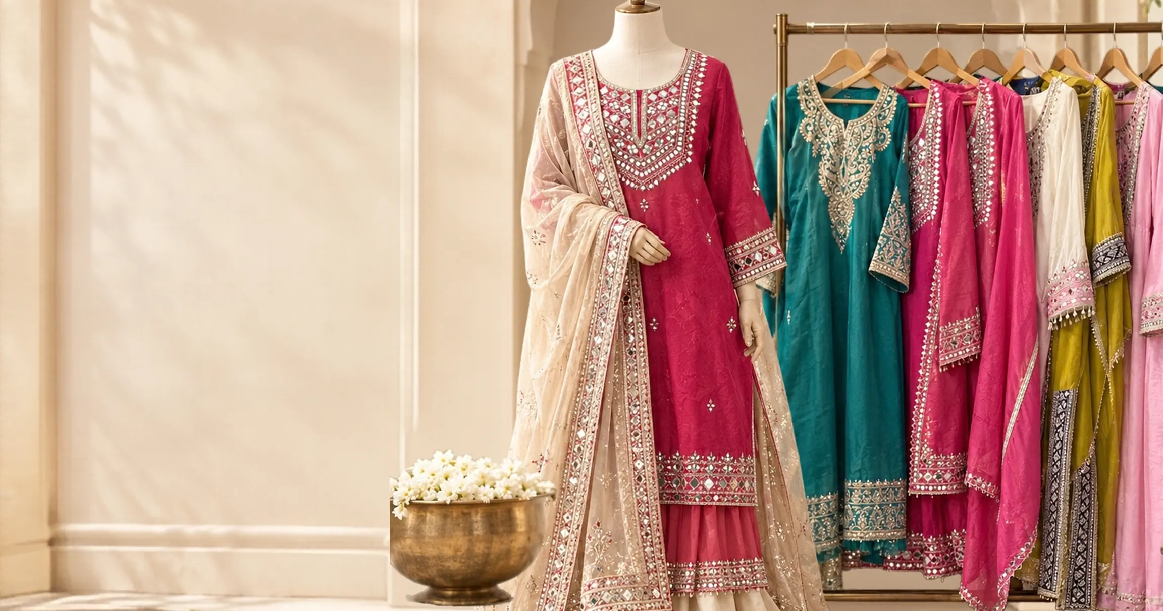 Mirror-work sharara suit on a mannequin beside a rack of embroidered suits