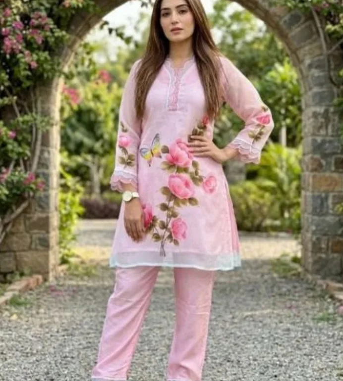 Pale pink hand-painted rose co-ord suit