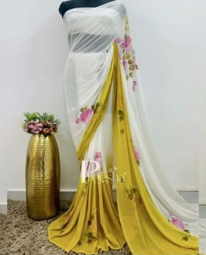 White and yellow floral hand-painted saree