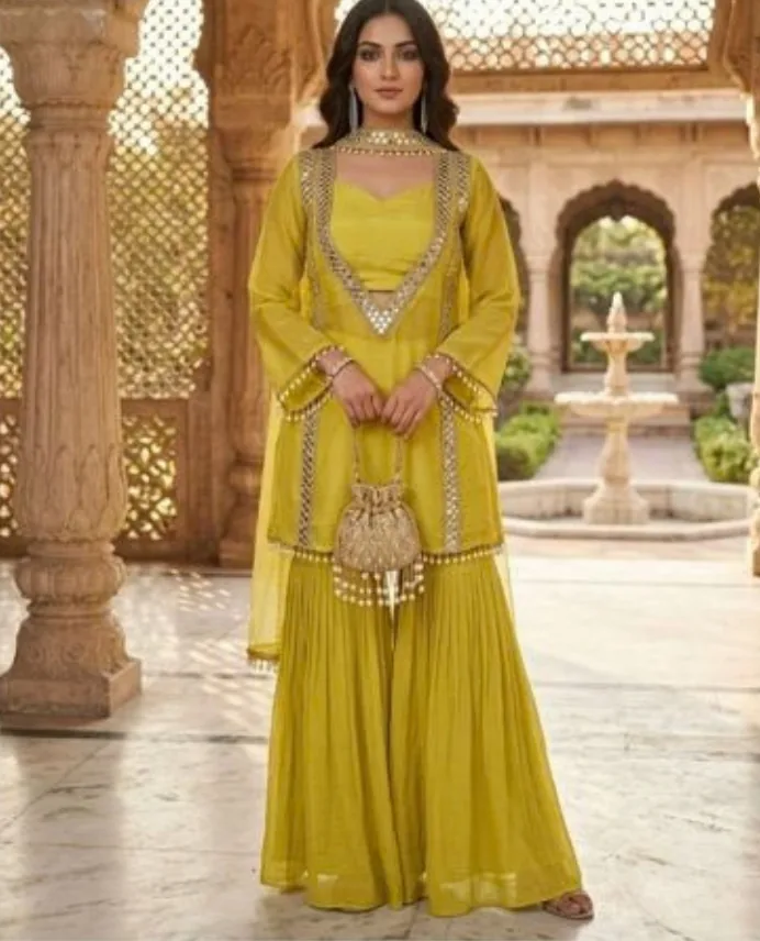 Lime yellow designer sharara with mirror-work jacket
